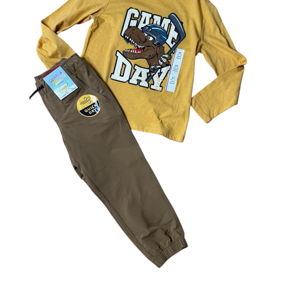 Yellow Dinosaur Graphic Shirt and Brown quick dry Pants Set